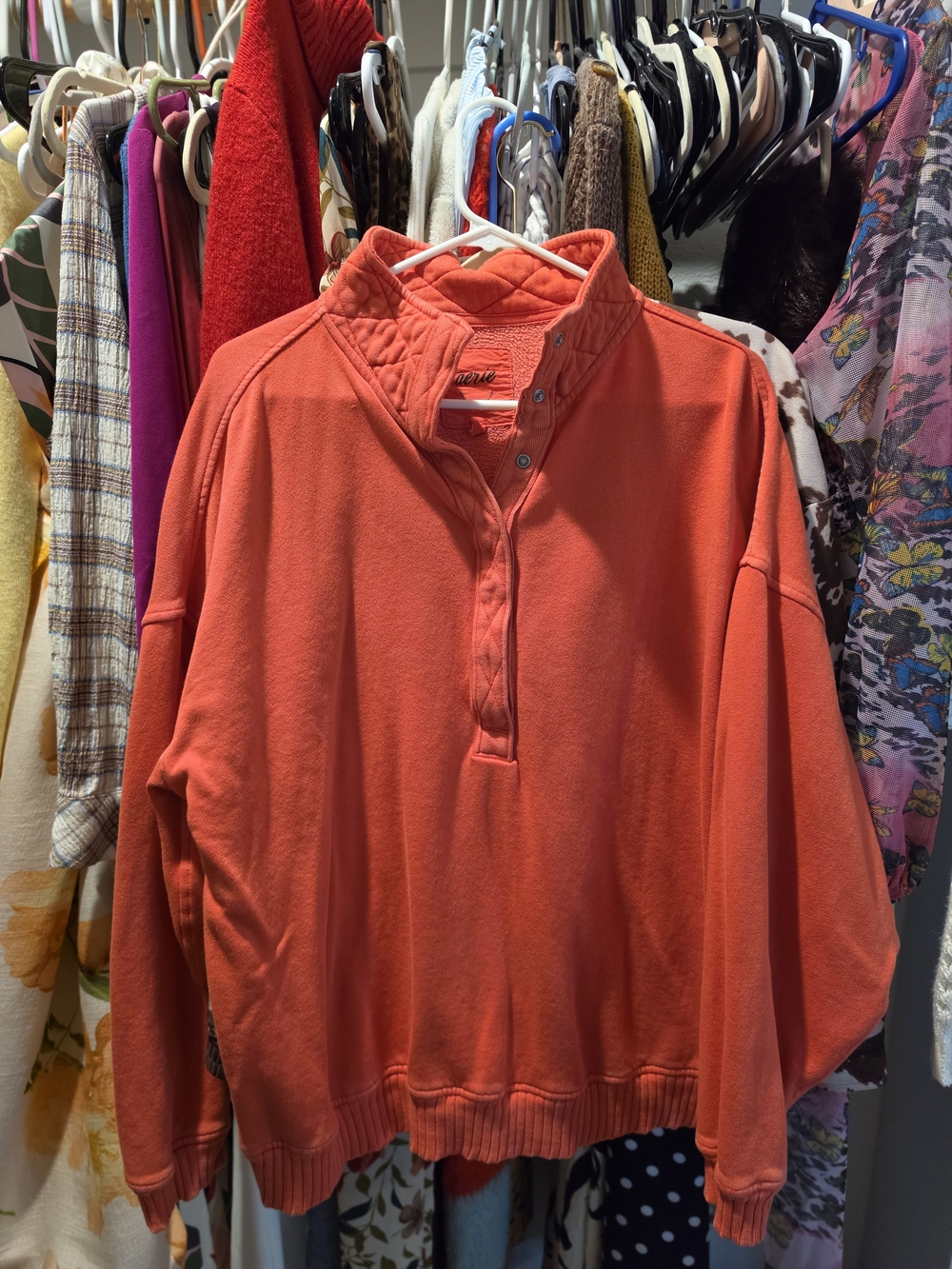 aerie Coral Zip-Up Quilted Collar Sweatshirt